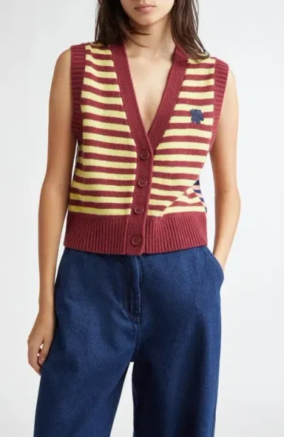 Marimekko Kioski Juhla Sleeveless Wool Cardigan In Winered Yellow Blue Coral