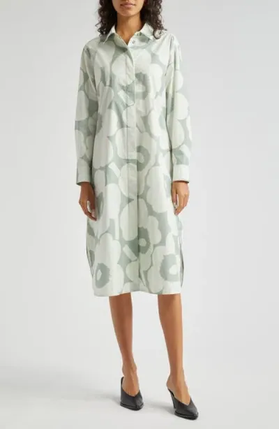 Marimekko Runoelma Unikko Long Sleeve Poplin Shirtdress In Greyish Green/light Green