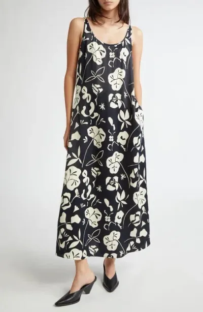 Marimekko Seurassa Nokturno Floral Satin Maxi Slipdress In Black Off White