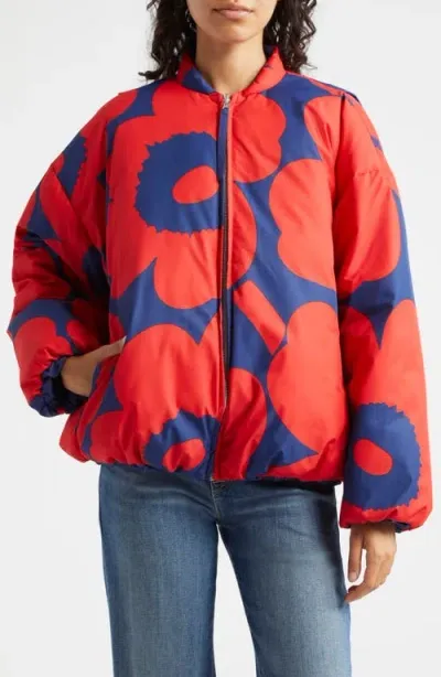 Marimekko Unikko Lightweight Padded Bomber Jacket In Red Blue