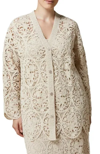 Marina Rinaldi Ardea Embroidered Cotton Blend Cardigan In Sand