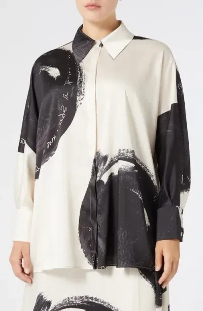 Marina Rinaldi Print Twill Button-up Tunic Shirt In Ivory