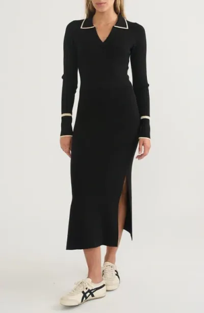 Marine Layer Contrast Trim Long Sleeve Polo Sweater Dress In Black