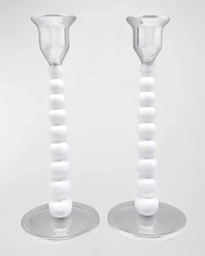 Mariposa Pearled Enameled Medium Candlesticks, Set Of 2 In White Silver