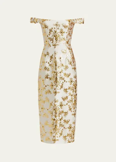 Markarian Amina Silk Floral Brocade Off-the-shoulder Midi Dress In Gold