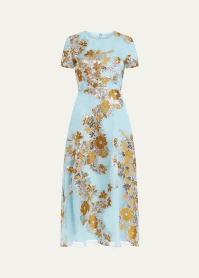 Markarian Mae Metallic Floral Chiffon Midi Dress In Bluegold