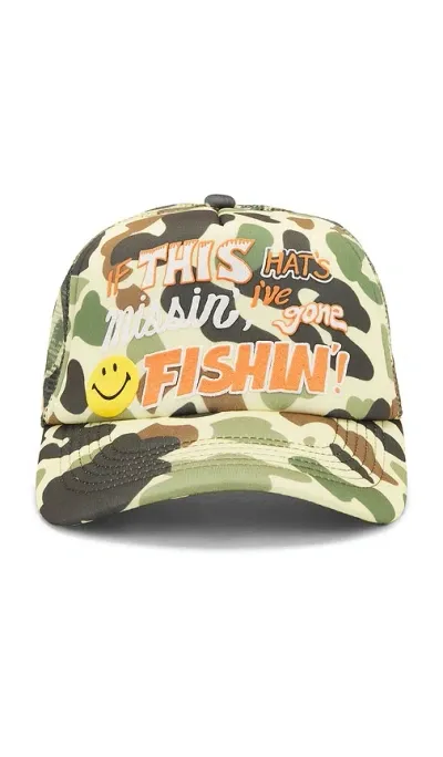 Market Smiley Camo Trucker Hat In Army,yellow