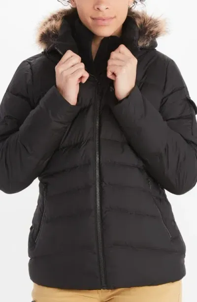 Marmot Ithaca 700 Fill Power Down Hooded Jacket With Faux Fur Trim In Black