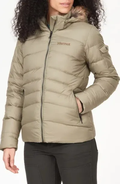 Marmot Ithaca 700 Fill Power Down Hooded Jacket With Faux Fur Trim In Vetiver