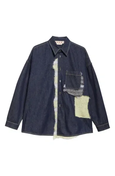 Marni Alpaca Blend Knit Insets Denim Button-up Shirt In Blue