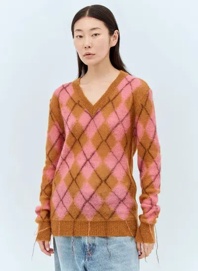 Marni Mohair Blend Intarsia V Neck Sweater In Pink