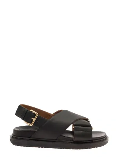 Marni Iconic Black Leather Fussbett Criss-cross Sandals For Women