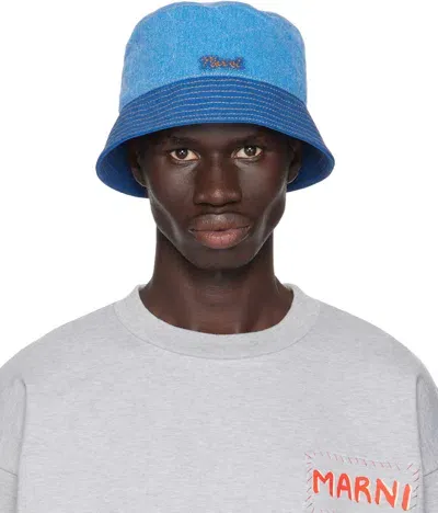 Marni Blue Logo Patch Denim Bucket Hat In Bdb60 Ocean