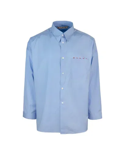 Marni Light Blue Poplin Shirt With Logo In L2b50