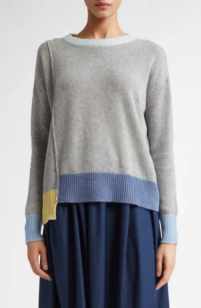 Marni Colorblock Trim Asymmetric Cashmere Crewneck Sweater In Off/white