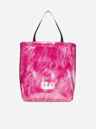 Marni Logo Patch Shearling Tote Bag In Fuchsia