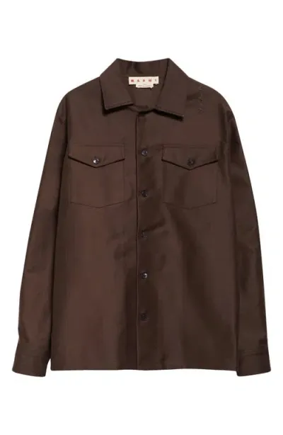 Marni Embroidered Organic Cotton Moleskin Button-up Shirt In Chocolate