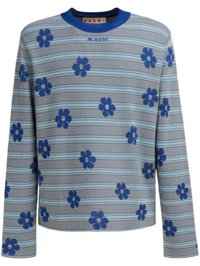 Marni Logo-intarsia Striped Knit Top In Blue