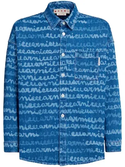 Marni Handwriting-print Denim Shirt In Ocean