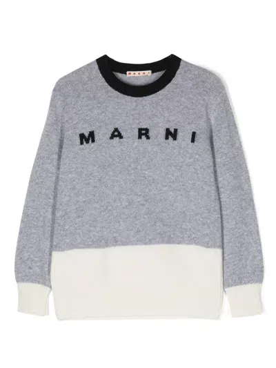 Marni Kids' Intarsia-logo Panelled Jumper In Grey