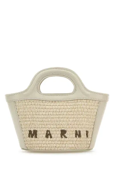 Marni Ivory Leather And Straw Micro Tropicalia Summer Handbag In Shell