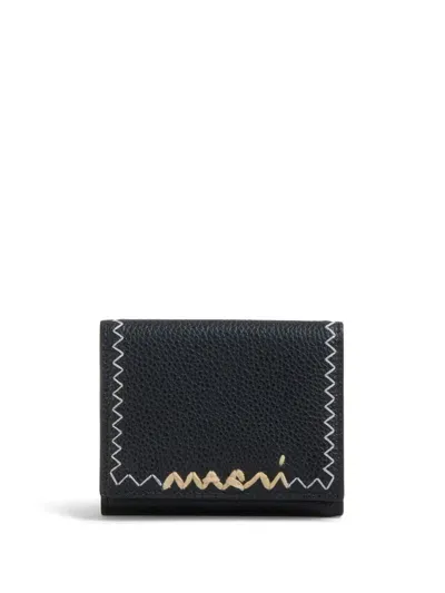 Marni Logo-embroidered Leather Wallet In Black