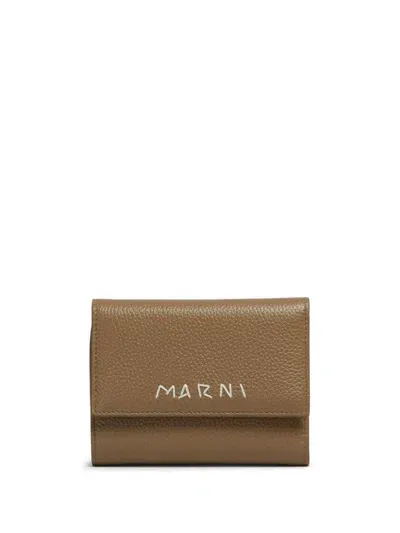 Marni Logo Embroidered Leather Wallet In Brown