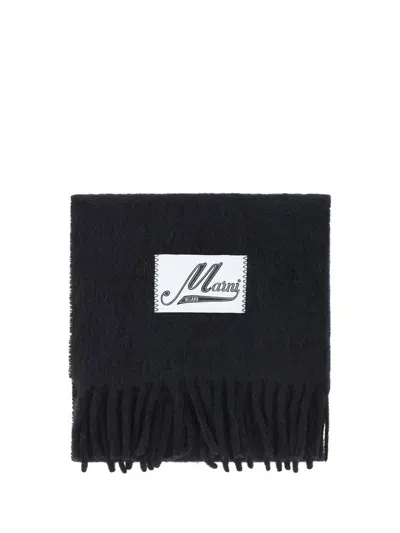 Marni Logo Patch Fringed Scarf In Black