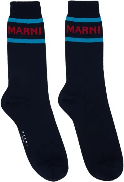 Marni Navy Logo Cuffs Socks In 00b84 Eclipse