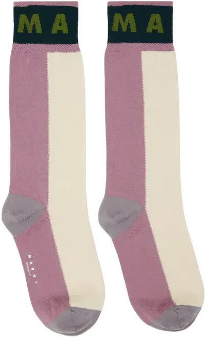 Marni Off-white & Purple Colour-block Cotton Socks In Icw13 Antique White