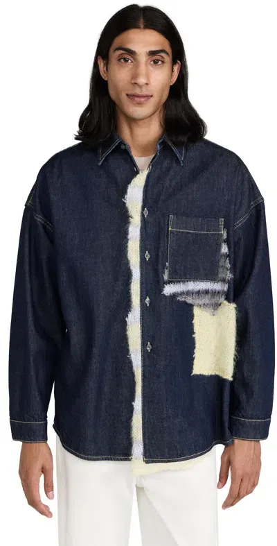 Marni Wool-patched Bull Denim Shirt In Blue/black