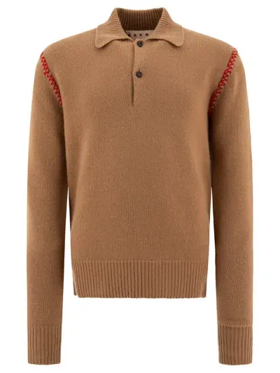 Marni Polo Shirt With Embroidered  Logo In Brown