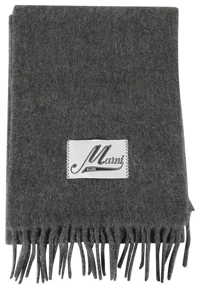 Marni Logo-patch Scarf In Grey