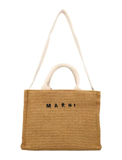 Marni Small Raffia Tote Bag In Raw_sienna/natural