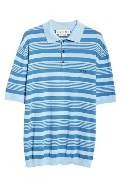 Marni Stripe Relaxed Fit Cotton Polo Sweater In Azure