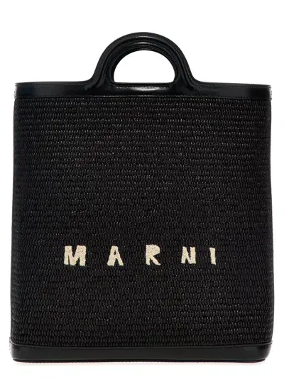 Marni Tropicalia Logo Embroidered Raffia Tote Bag In Black