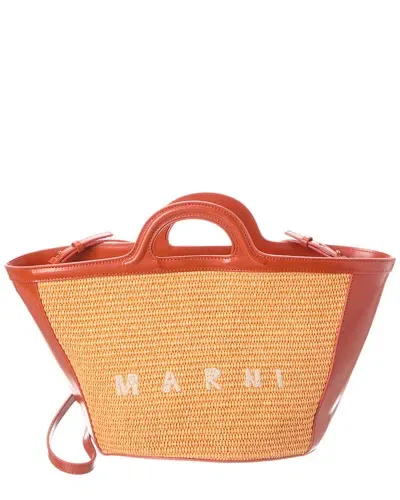 Marni Orange Tropicalia Small Leather Raffia-effect Tote In Brown