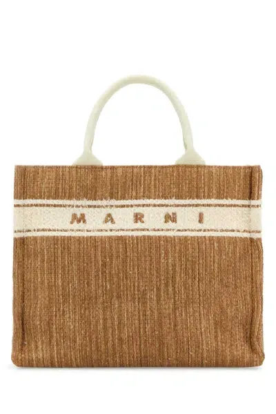 Marni Two-tone Raffia Small Shopping Bag In Ecruwhite