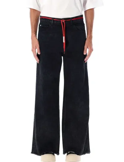 Marni Urban Wide-leg Denim Pants With Red Drawstring In Black