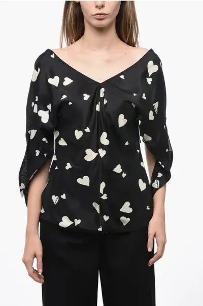 Marni V-neck Heart-printed Silk Blosue In Black