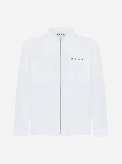 Marni Logo-print Zip-up Cotton Shirt In Lily White