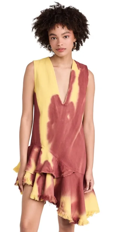 Marques' Almeida Drill Tie Dye V Neck Dress Yellow/burgundy