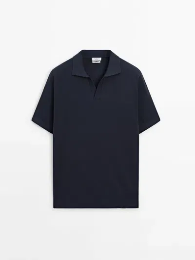 Massimo Dutti Strick-poloshirt Mit Kurzen Ärmeln In Blue