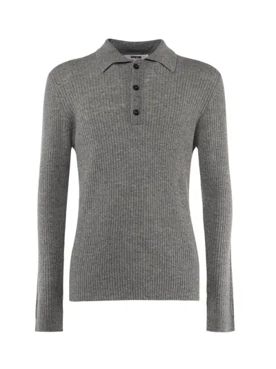 Mauro Grifoni Long-sleeved Ribbed Knit Polo Shirt In Gray