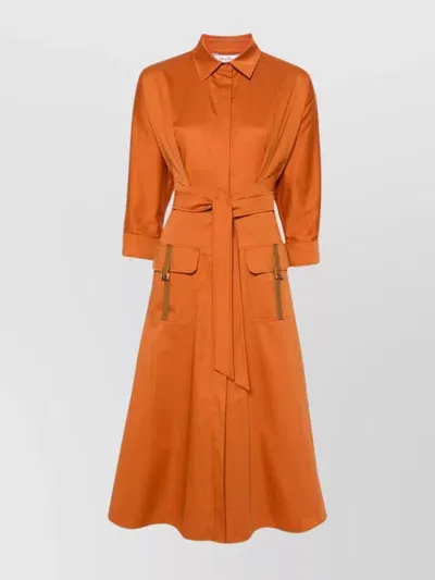 Max Mara Belted Satin Midi Shirt Dress In Brown