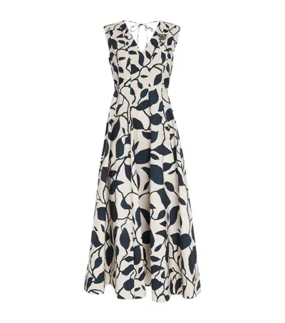 Max Mara Cotton Leaf Print Midi Dress In White