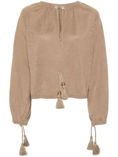 Max Mara Quirite Linen Tassel Blouse In Neutrals