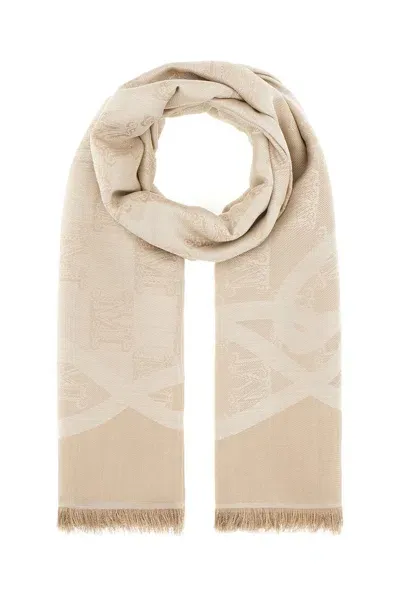 Max Mara Logo Patterned Fringed Edge Foulard In Beige