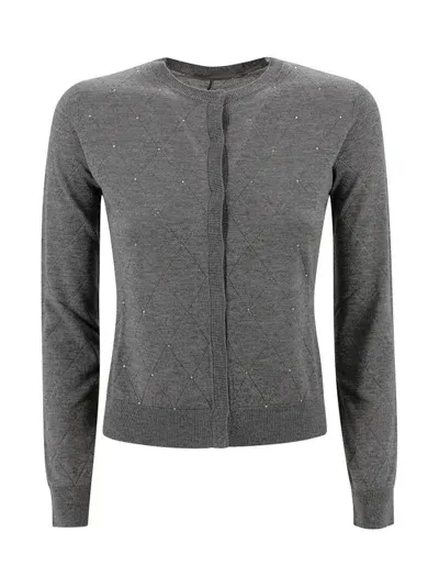 Max Mara Studio Embellished Crewneck Cardigan In Grey