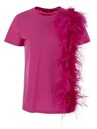 Max Mara Studio Lappole Jersey T Shirt With Feathers In Fuchsia